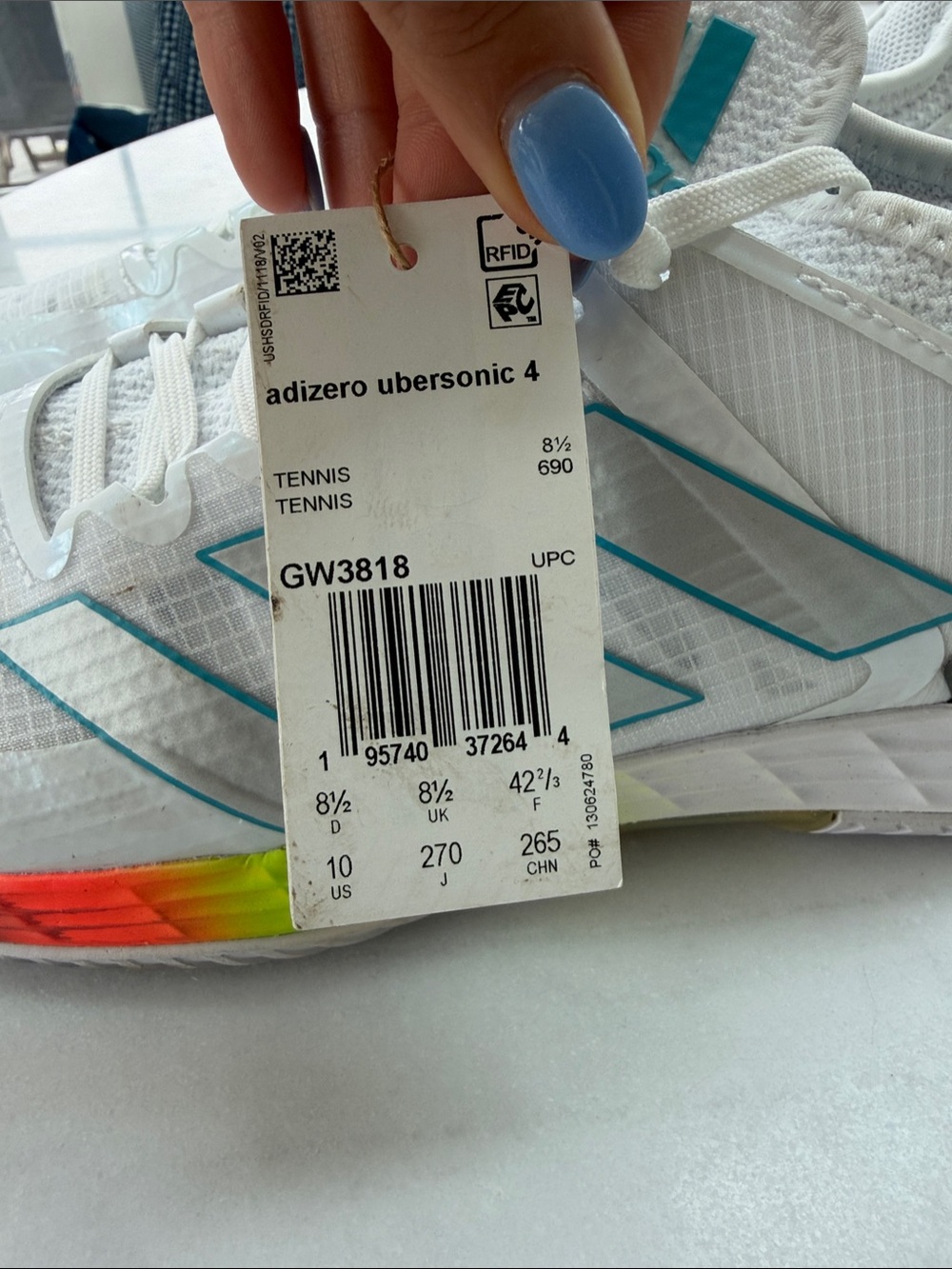 adidas adizero ubersonic 4 White Tennis Shoes with Teal and Rainbow Accents